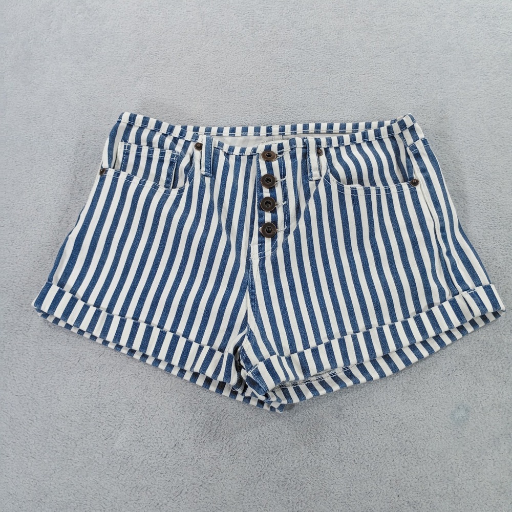 Forever 21 Women Premium Denim Blue White Striped 27 High Waist Button Fly Short